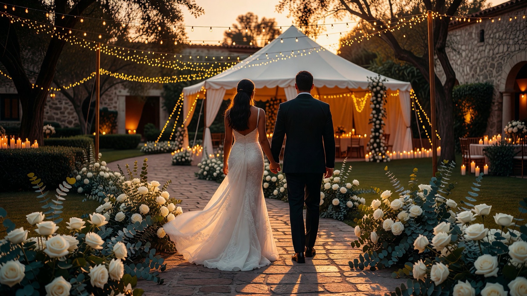 Recepción de boda bajo carpa al atardecer
