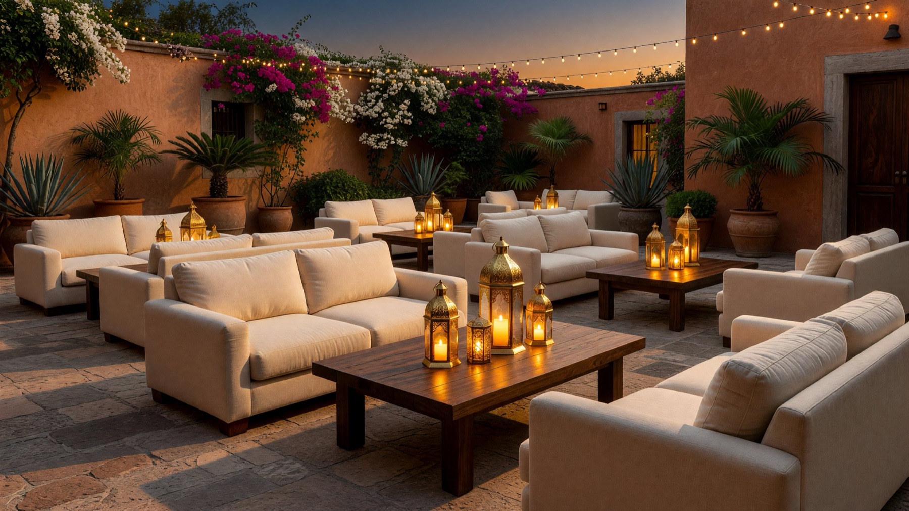 Área lounge en un evento nocturno